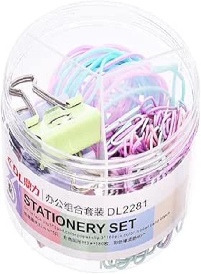 Dingli DL2281 Stationery Set of 225 Pieces (5 Smile Face Clips, 40 Rubber Bands, and 180 Paper Clips 33mm) for Office - Multi Color
